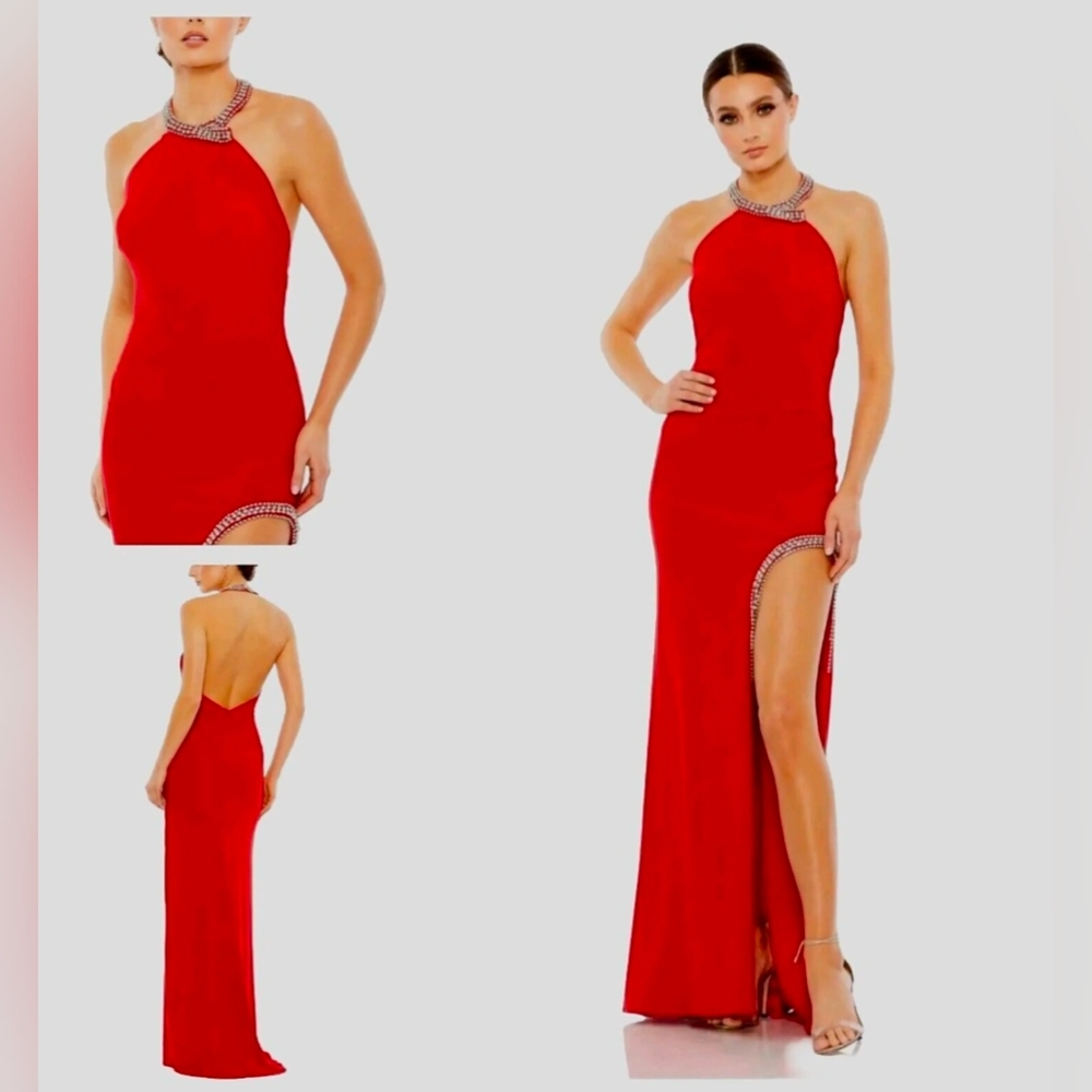 NWT Ieena For Mac Duggal Red Halter high slit long maxi dress rhinestone gown 8 - Picture 2 of 16